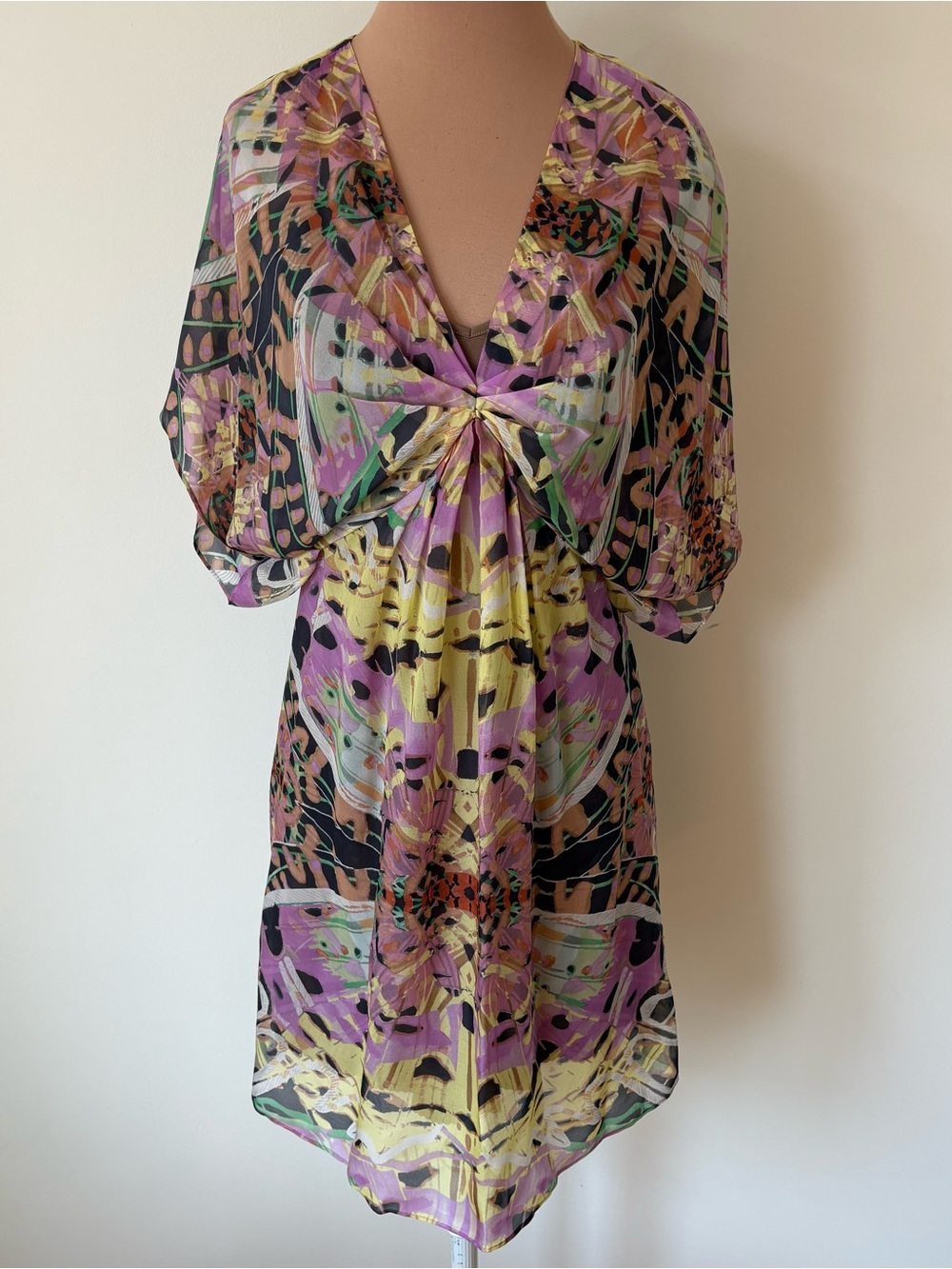 Anthropologie Leifsdottir V-Neck Multicolor Abstract Print Silk Mini Dress EUC 4